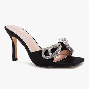 Black Satin Heeled Mule with Crystal Knot Accent